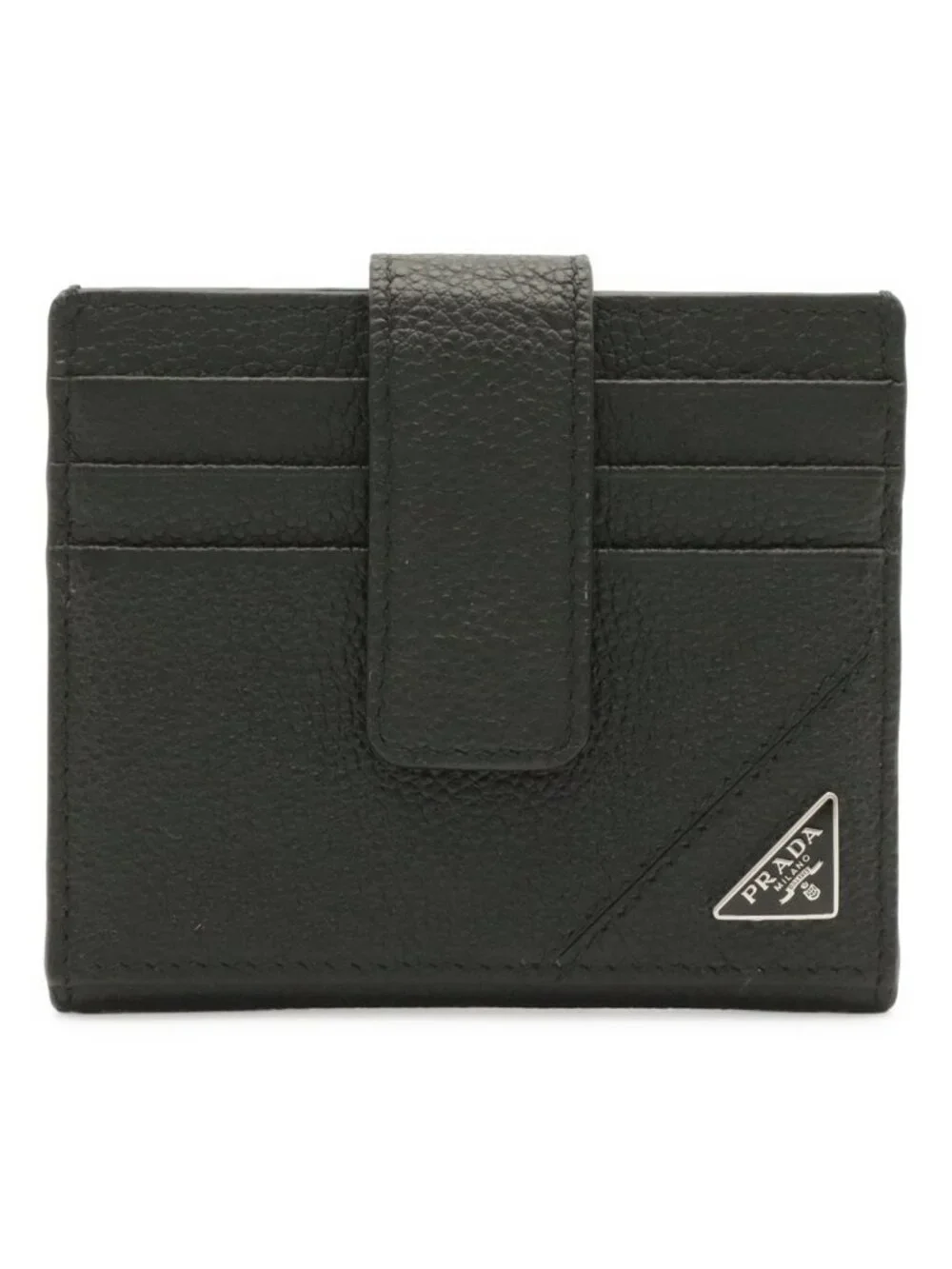 Prada Triangle Logo Card Case Business Holder Leather Nero Black Silver